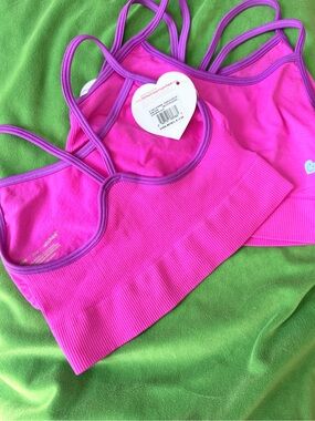 Size 8/10 Double-Strap Girl Sports Bra - Bright Pink with Purple Trim (3pc)